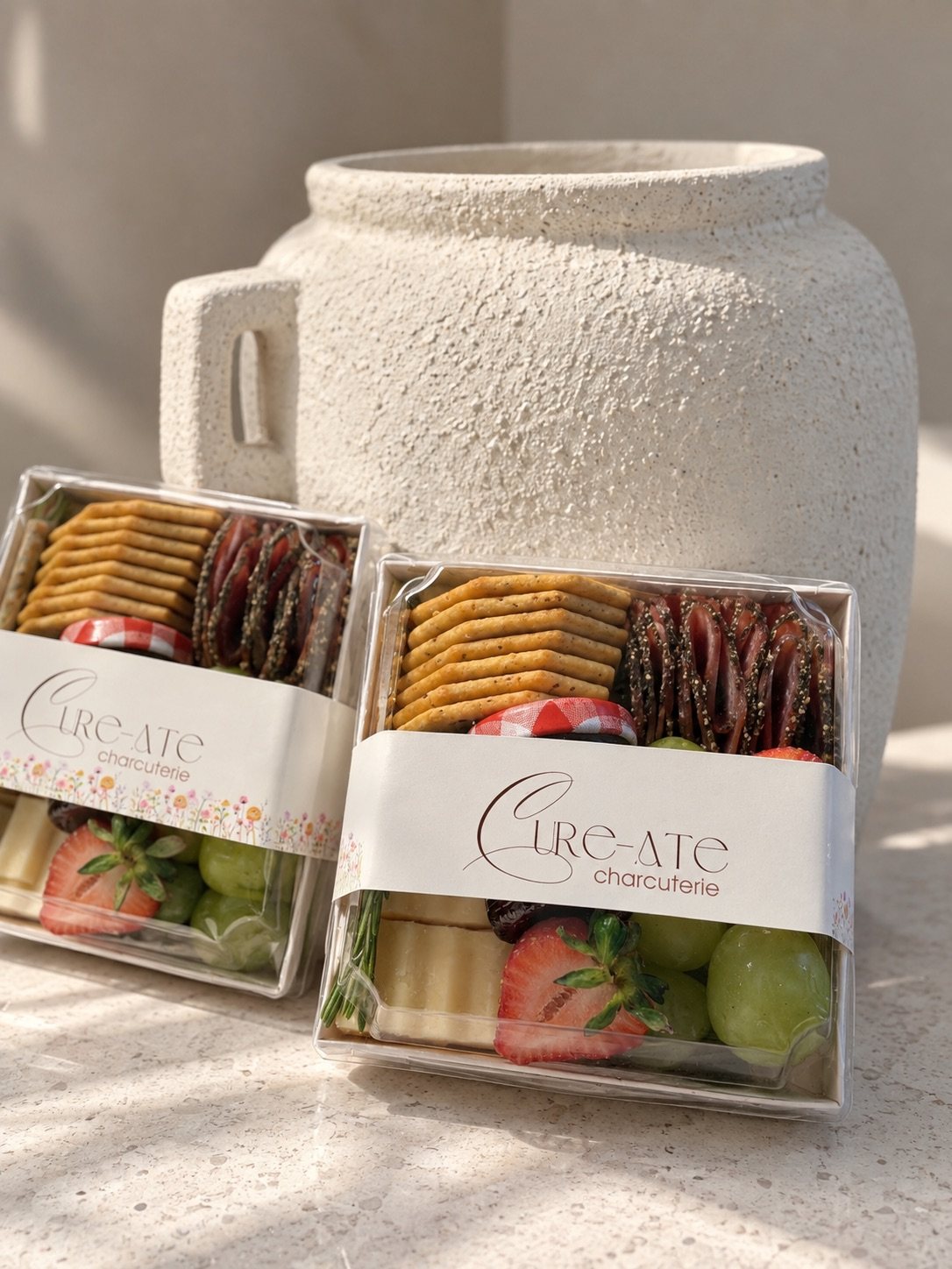 Individual clear charcuterie boxes with cheeses and crackers