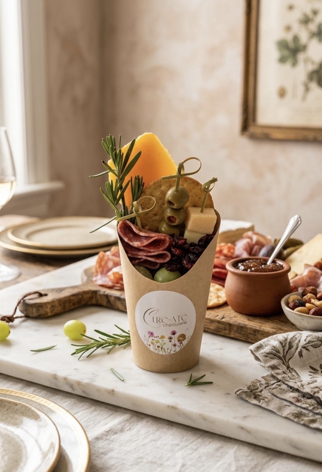 Individual charcuterie cup with meats, cheese and fresh fruit